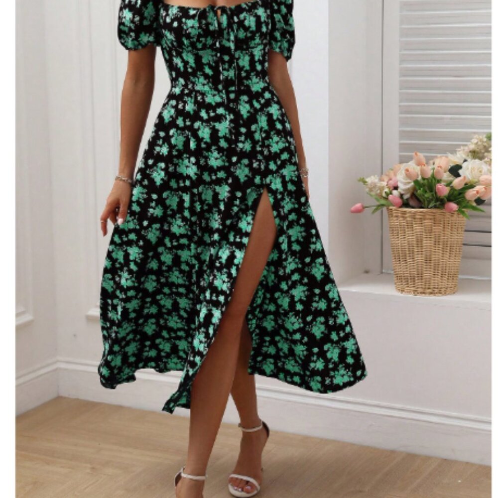 Women Boho Short Sleeve Dress Square Neck Knot Front Slit Thigh Dress L